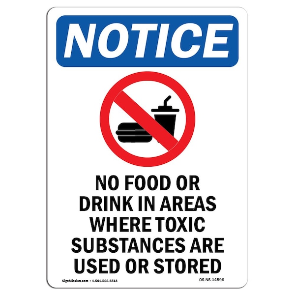 Signmission OSHA Sign, 10" H, Rigid Plastic, No Food Or Drink In Sign With Symbol, Portrait, V-14596 OS-NS-P-710-V-14596 - main